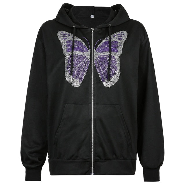 IAMSURE Butterfly Pattern Zipper Up Casual Loose 90s Hoodies Autumn y2k Fashion Long Sleeve Grey Oversize Sweatshirts For Women