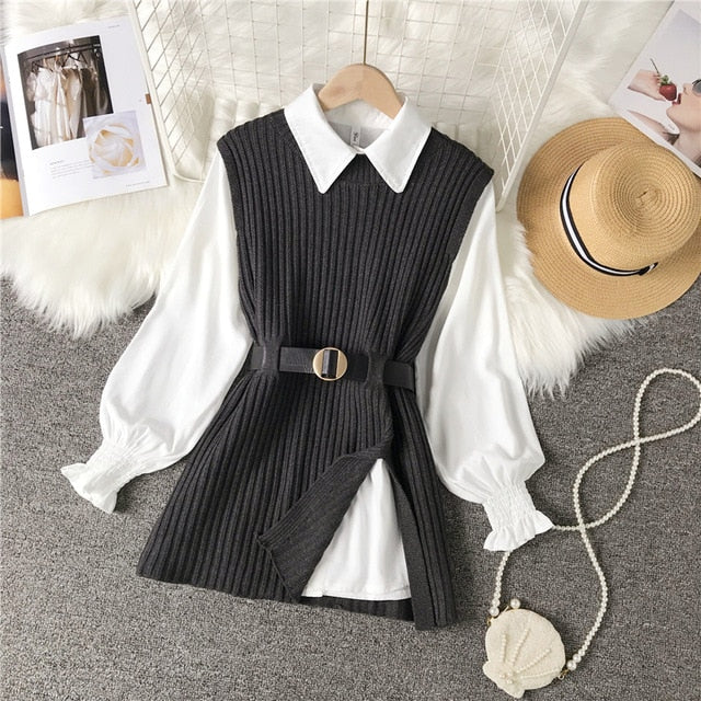 2021 spring autumn women's lantern sleeve shirt knitted vest two piece sets of College style waistband vest two sets top UK900