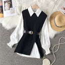 2021 spring autumn women's lantern sleeve shirt knitted vest two piece sets of College style waistband vest two sets top UK900