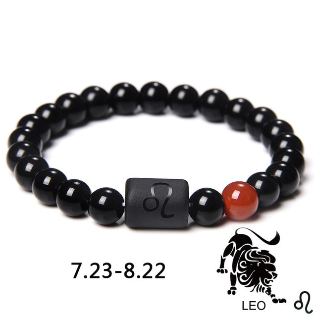 12 Constelación Signos del zodiaco Cuentas Parejas Pulsera Piedra de ónix negro natural Pulsera elástica para mujeres Hombres Regalo de cumpleaños