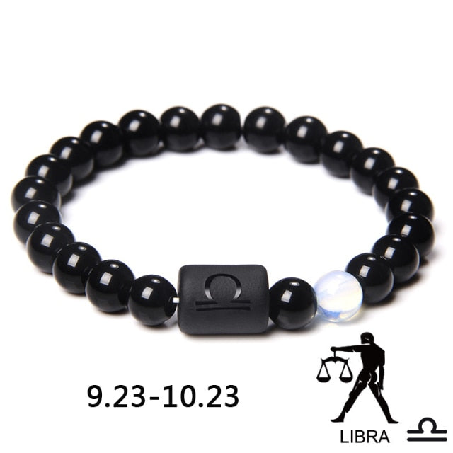 12 Constelación Signos del zodiaco Cuentas Parejas Pulsera Piedra de ónix negro natural Pulsera elástica para mujeres Hombres Regalo de cumpleaños