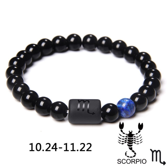 12 Constelación Signos del zodiaco Cuentas Parejas Pulsera Piedra de ónix negro natural Pulsera elástica para mujeres Hombres Regalo de cumpleaños