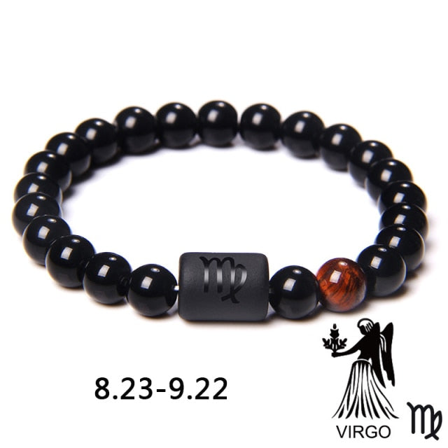 12 Sternbild Sternzeichen Perlen Paare Armband Natur Schwarzer Onyx Stein Elastisches Bettelarmband für Frauen Männer Geburtstagsgeschenk