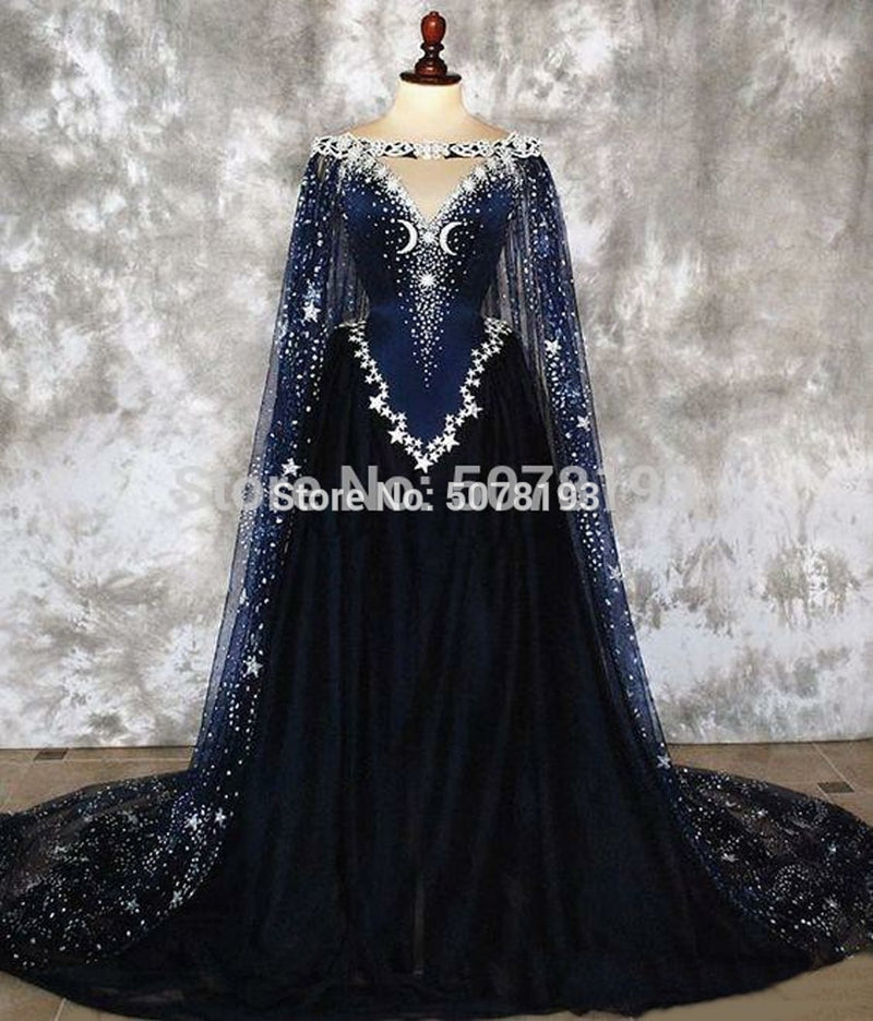 2019 V-neck off-the-shoulder sleeveless A-line floor-length tulle coming-of-age ceremony dress stars&beading&Cloak free shipping