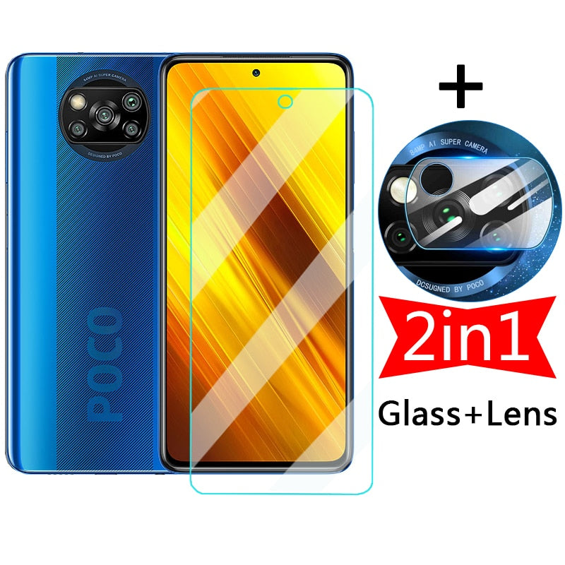 2in1 Displayschutzglas für Xiaomi Poco X3 NFC Pocophone F1 Tempered Protector Camera Lens Film auf Pocox3 X 3 Pro FM F3 M3