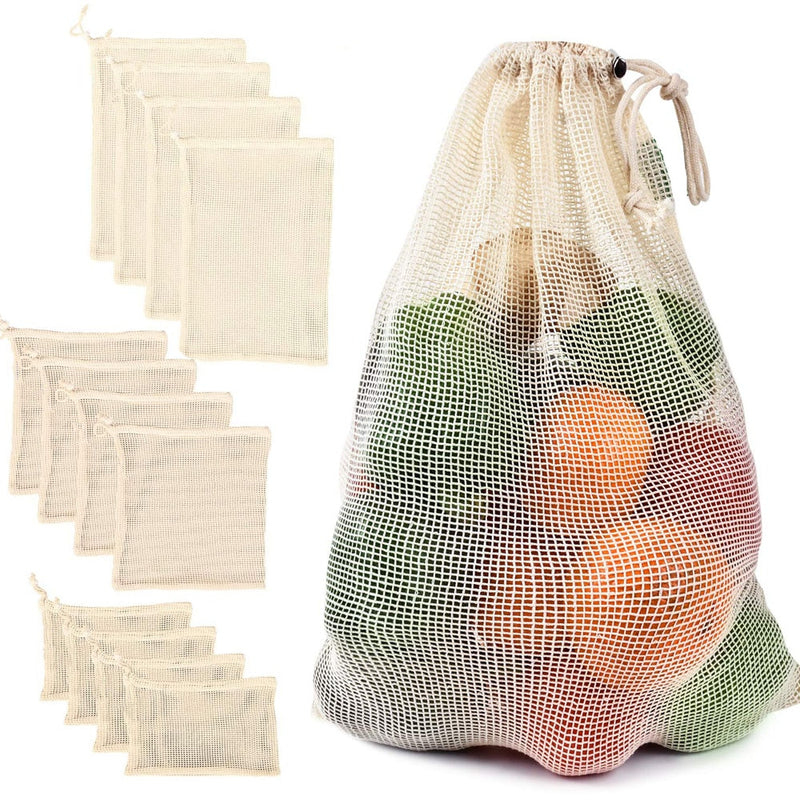 Bolsas de verduras de malla de algodón, bolsa de producción, bolsa de almacenamiento de verduras de malla de algodón reutilizable, cocina, frutas y verduras con cordón