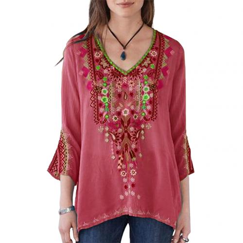 Blouses Women Boho Casual V Neck Long Sleeve Floral Embroidery Blouse Top Loose Shirt блузка женская ropa de mujer 2020