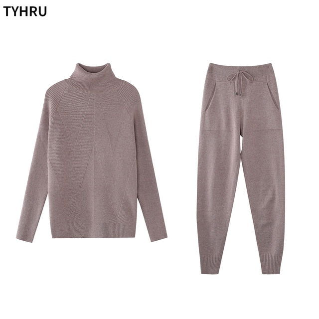 TYHRU, ​​chándal de Otoño Invierno para mujer, suéter de cuello alto a rayas de Color sólido y pantalones elásticos, conjunto de dos piezas de punto