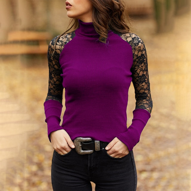 Frühling und Herbst Frauen gestrickter Rollkragenpullover beiläufiger weicher O-Ausschnitt Pullover Mode dünne Spitze aushöhlen lange Ärmel Kleidung