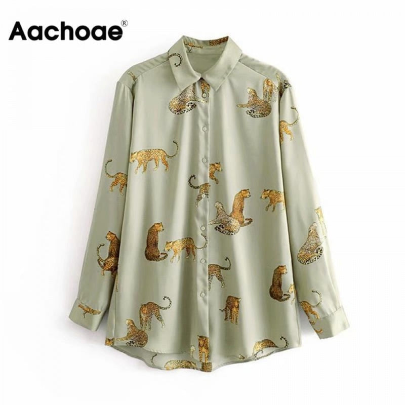 Aachoae, camisa con estilo de leopardo para mujer, Blusa de moda de oficina con cuello vuelto para mujer, Blusa de manga larga de talla grande para mujer, Blusa femenina