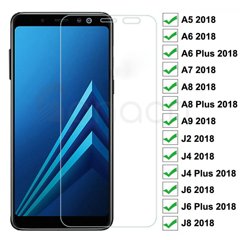 Vidrio protector 9H para Samsung Galaxy A6 A8 J4 J6 Plus 2018 Protector de pantalla J2 J8 A5 A7 A9 2018 Película de vidrio templado de seguridad