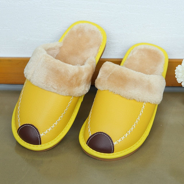 Men Slippers Black New Winter PU Leather Slippers Warm Indoor Slipper Waterproof Home House Shoes Women Warm Leather Slippers