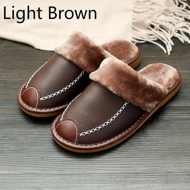 Men Slippers Black New Winter PU Leather Slippers Warm Indoor Slipper Waterproof Home House Shoes Women Warm Leather Slippers