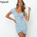 Yojoceli sexy floral print shirred dress women square neck long sleeve slim mini dress chiffon dress