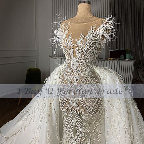 Luxus Voll Perlen Brautkleid 2021 Abnehmbarer Zug Vintage Feder Meerjungfrau Brautkleid