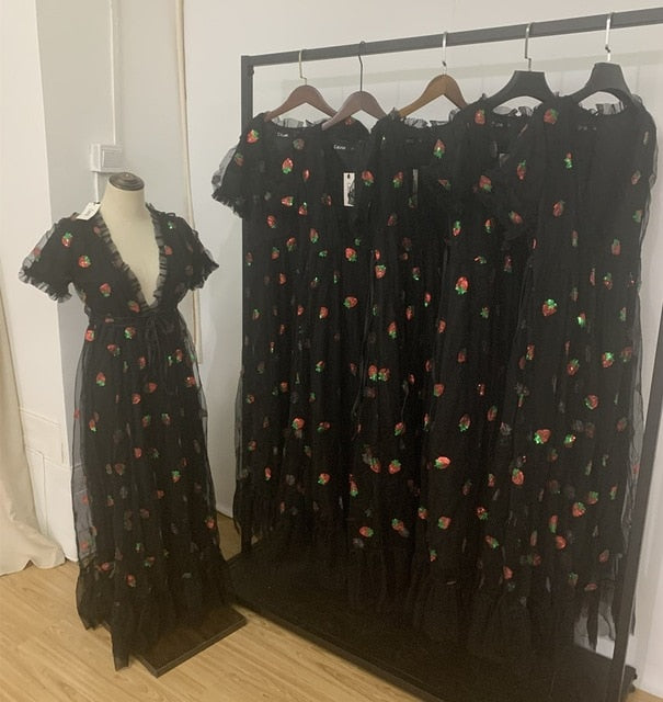 Plus Größe 5XL Frauen Schwarz Rosa Erdbeere Pailletten Kleid V-Ausschnitt Süßes Elegantes Abendgesellschaft Formelles Kleid Nobles Maxikleid