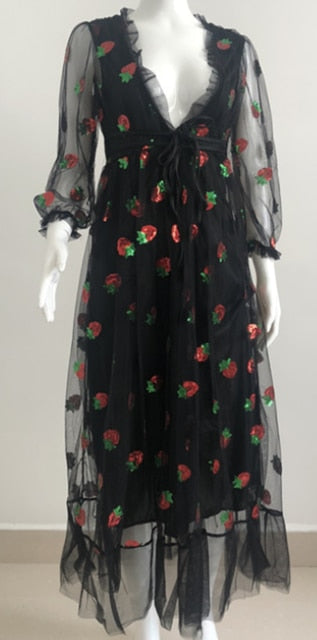 Plus size 5XL Women Black Pink Strawberry Sequined Dress v-neck Sweet Elegant Evening Party Formal Dress Classy Maxi Dress