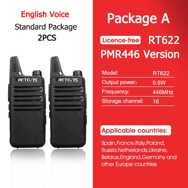 RETEVIS RT622 Mini Walkie Talkie PMR 446 PTT Walkie-talkies portátiles 2 uds Radio bidireccional Radio portátil para Hunting Hotel RT22