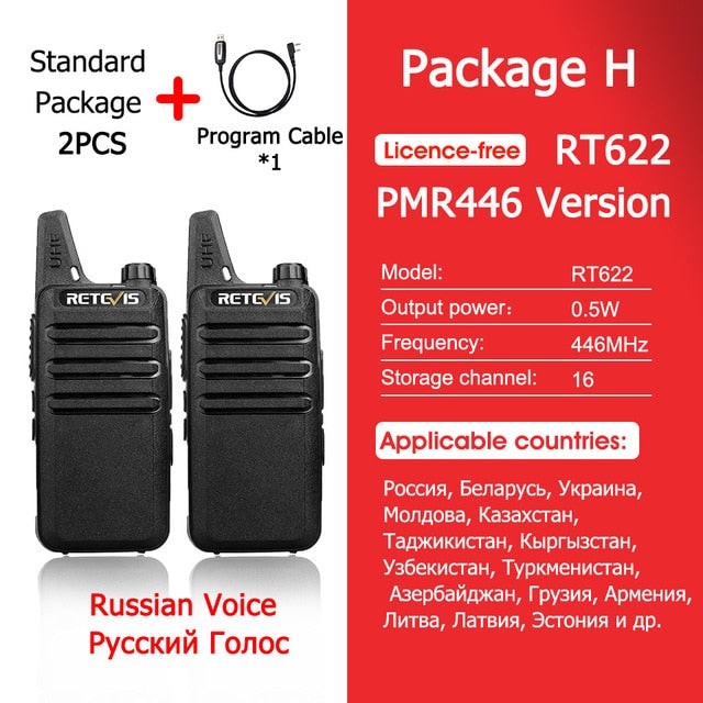 RETEVIS RT622 Mini Walkie Talkie PMR 446 PTT Portable Walkie-talkies 2 pcs Two way Radio Portable Radio for Hunting Hotel RT22