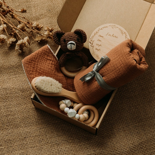 Bopoobo 1Set Bath Toys Set Kid Swaddle Wrap Baby Milestones Brush Rattle Bracelet Bibs Photography Supplies Birth Gift Product