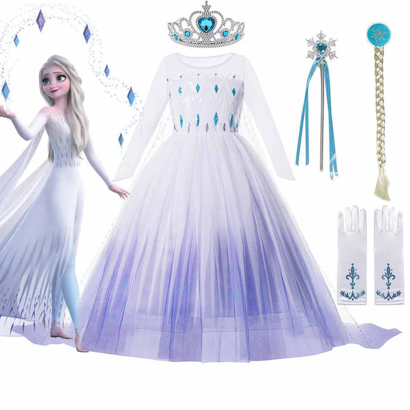 Disney Frozen 2 Kostüm für Mädchen Prinzessin Elsa Kleid Weiß Pailletten Mesh Ballkleid Kinder Schneekönigin Cosplay Karnevalskleidung