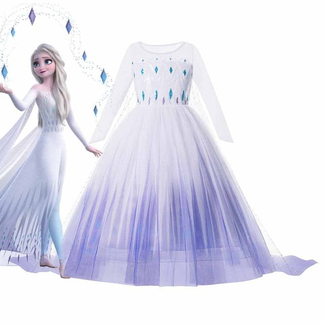 Disney Frozen 2 Costume for Girls Princess Elsa Dress White Sequined Mesh Ball Gown Kids Snow Queen Cosplay Carnival Clothing