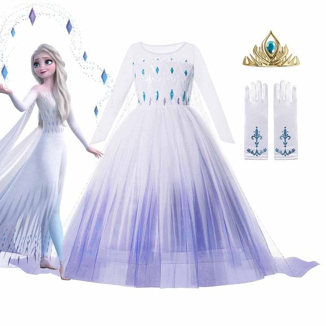 Disney Frozen 2 Costume for Girls Princess Elsa Dress White Sequined Mesh Ball Gown Kids Snow Queen Cosplay Carnival Clothing