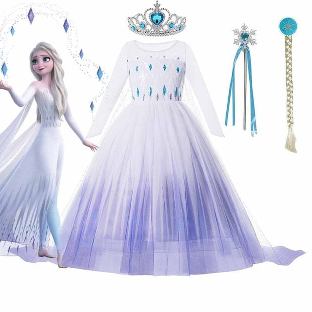 Disfraz de Frozen 2 de Disney para niñas, vestido de princesa Elsa, vestido blanco de malla con lentejuelas, vestido de baile para niños, Reina de la nieve, Cosplay, ropa de Carnaval