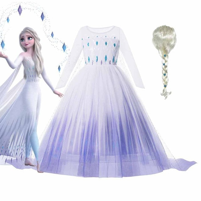 Disney Frozen 2 Kostüm für Mädchen Prinzessin Elsa Kleid Weiß Pailletten Mesh Ballkleid Kinder Schneekönigin Cosplay Karnevalskleidung