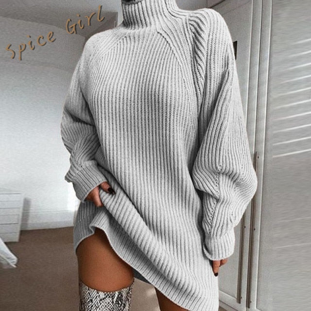 Vestido de suéter de punto de cuello alto para mujer, vestido de suéter de manga larga para otoño e invierno para mujer, vestido de gran tamaño para mujer