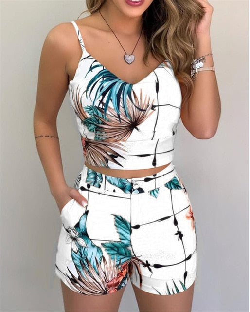 Mode Frauen Shorts Anzüge 2 Stück Sets Sommer Büro Dame Floral Strap Tank Crop Top + Hohe Taille Knopf Shorts Weibliche Outfits