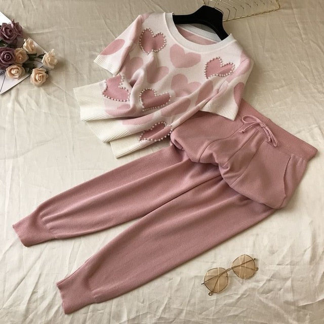 Conjunto de 2 piezas de punto con estampado de amor de verano coreano para mujer, suéter de manga corta con cuentas, tops y pantalones para mujer, traje de chándal informal rosa