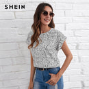 SHEIN Schwarz-weißes Allover-Print-Top für Damen, Sommer, runder Ausschnitt, aufrollbare Ärmel, lässige Oberteile und Blusen