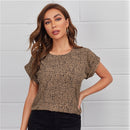 SHEIN Schwarz-weißes Allover-Print-Top für Damen, Sommer, runder Ausschnitt, aufrollbare Ärmel, lässige Oberteile und Blusen
