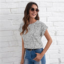 SHEIN Schwarz-weißes Allover-Print-Top für Damen, Sommer, runder Ausschnitt, aufrollbare Ärmel, lässige Oberteile und Blusen