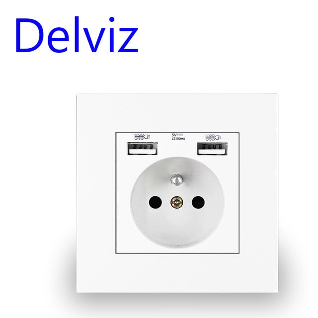 Delviz French Standard Socket, AC 100~250V, Dual USB Charger Port for Mobile, White With switch panel, 16A Wall Power USB Socket