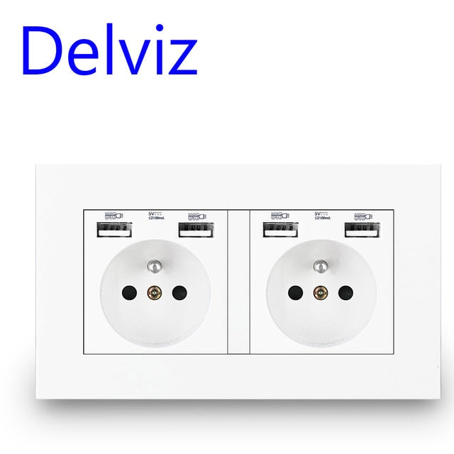 Enchufe estándar francés Delviz, CA 100 ~ 250 V, puerto de cargador USB dual para móvil, blanco con panel de interruptores, enchufe USB de alimentación de pared 16A