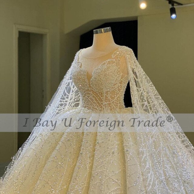 Robe De Mariee Princess De Luxe 2021 Beading Full Pearl Luxury Lace Ball Gown Tailor Wedding Dress Cape Shoulder