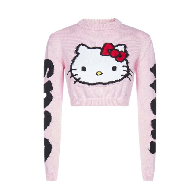 2021 neue Herbst Damenbekleidung Europa und Amerika Kitty Cat Brief Jacquard Kurzstrickpullover für Frauen verdickter Pullover
