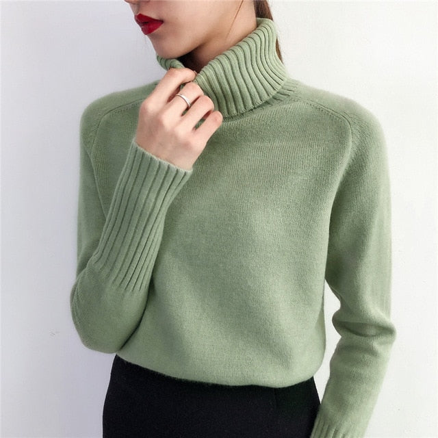 Suéter de punto de Cachemira SURMIITRO para mujer, suéter de manga larga de cuello alto coreano para Otoño e Invierno 2021, jersey para mujer, prendas de punto verdes