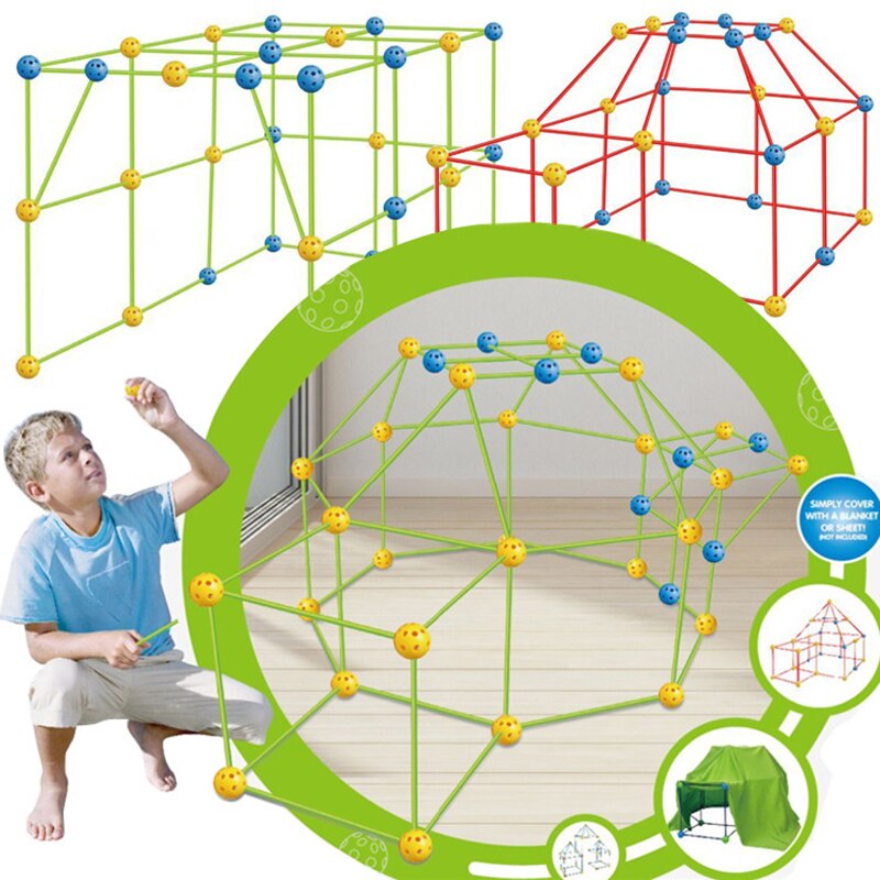 Child Cabin Construction Kit for Kids Boys Girls Construction Fort Building Kit with Rod Link Spheres and Tent I88