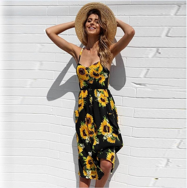 Vintage Casual Sundress mujer playa vestido Midi botón espalda descubierta lunares rayas mujeres vestido verano 2020 Boho Sexy Floral vestido