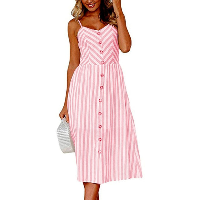 Vintage Casual Sommerkleid Damen Strandkleid Midi-Knopf Backless Polka Dot Striped Damen Kleid Sommer 2020 Boho Sexy Blumenkleid