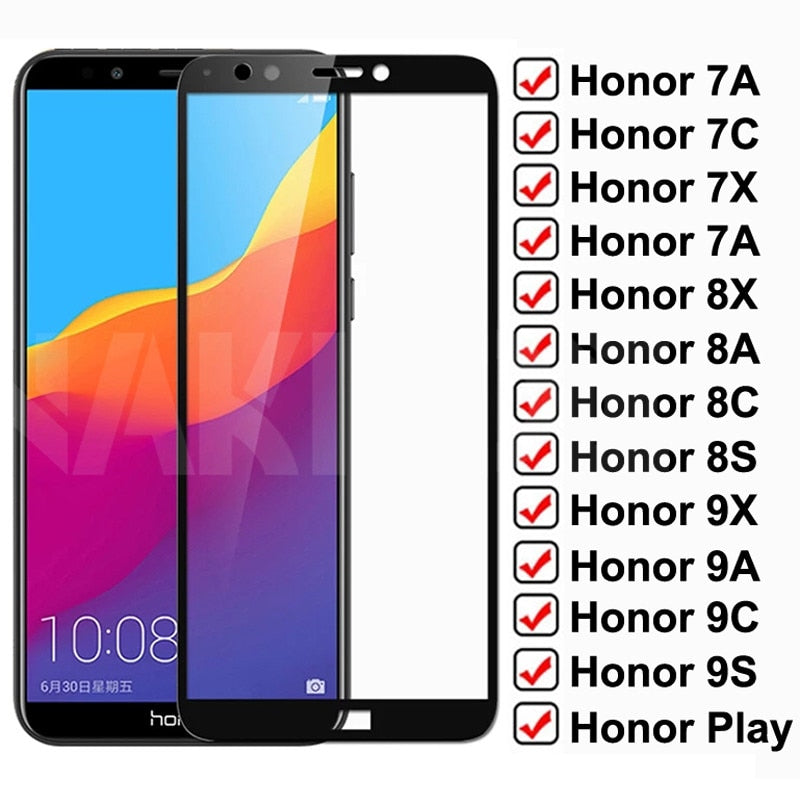 9D Protective Glass For Huawei Honor 7A 7C 7X 7S Full Cover Tempered Glass Honor 8X 8A 8C 8S 9X 9A 9C 9S Play Screen Protector