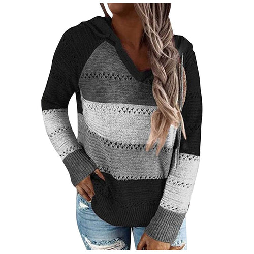 Fashion Blouse Women Casual Patchwork V-neck Long Sleeves Hooded Sweater Blouse Tops Blusas Femininas De Verão Top Femme #JJ