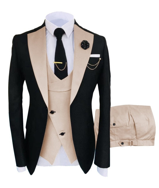 Solovedress Moda formal de negocios 3 piezas Traje para hombre Chaqueta de esmoquin sólido Azul Marrón Oro para el novio de la boda (Blazer + Chaleco + Pantalones)