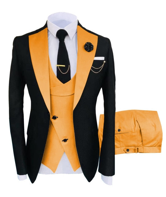 Solovedress Formal Business Fashion 3 Pieces Mens Suit Solid Tuxedos Jacket Blue Brown Gold for Wedding Groom(Blazer+Vest+Pants)