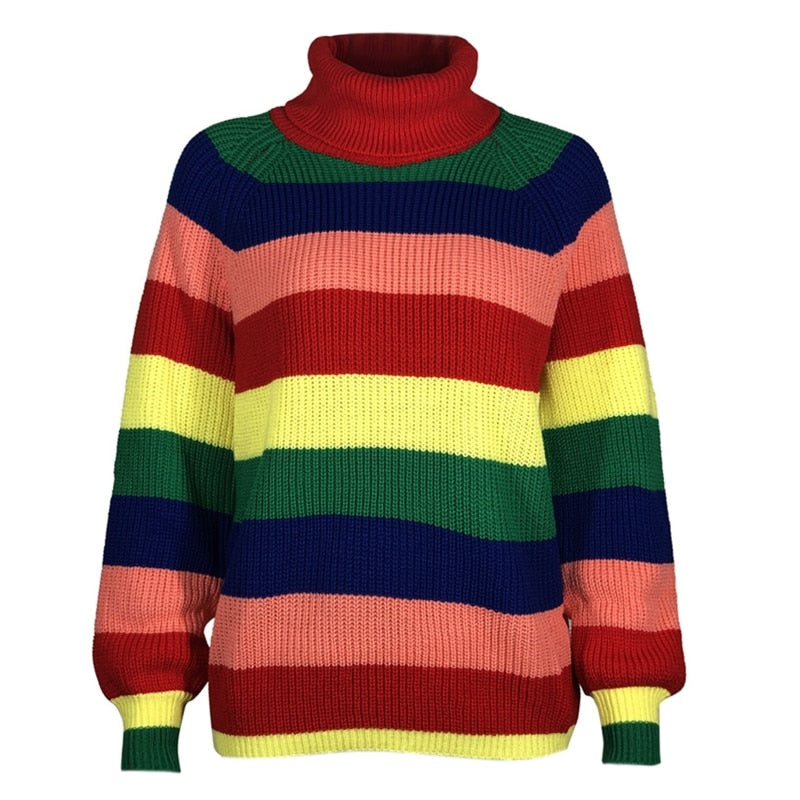 2021 New Women Lantern Sleeve Sweater Knitwear Turtleneck Rainbow Striped Jumper Tops
