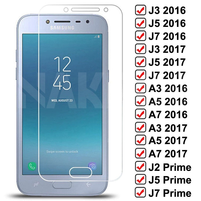 Vidrio protector 9H para Samsung Galaxy J3 J5 J7 A3 A5 A7 2016 2017 J2 J5 J7 Prime J4 Core S7 Protector de pantalla templado