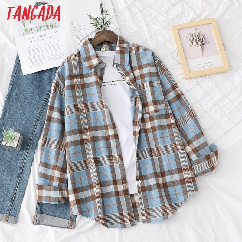 Tangada, camisa de estilo Boyfriend con estampado a cuadros de gran tamaño para mujer, camisa holgada informal elegante de manga larga para mujer BAO4